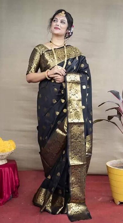 Black Lichi Silk Border Work Saree