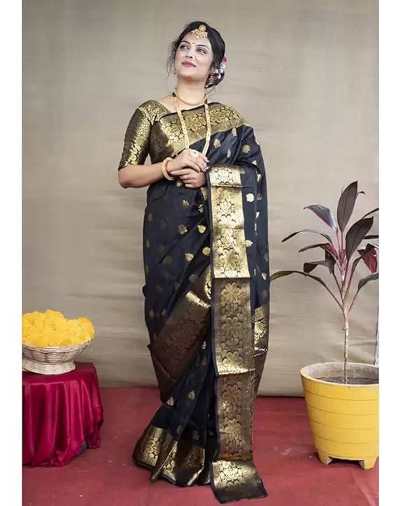 Black Lichi Silk Border Work Saree
