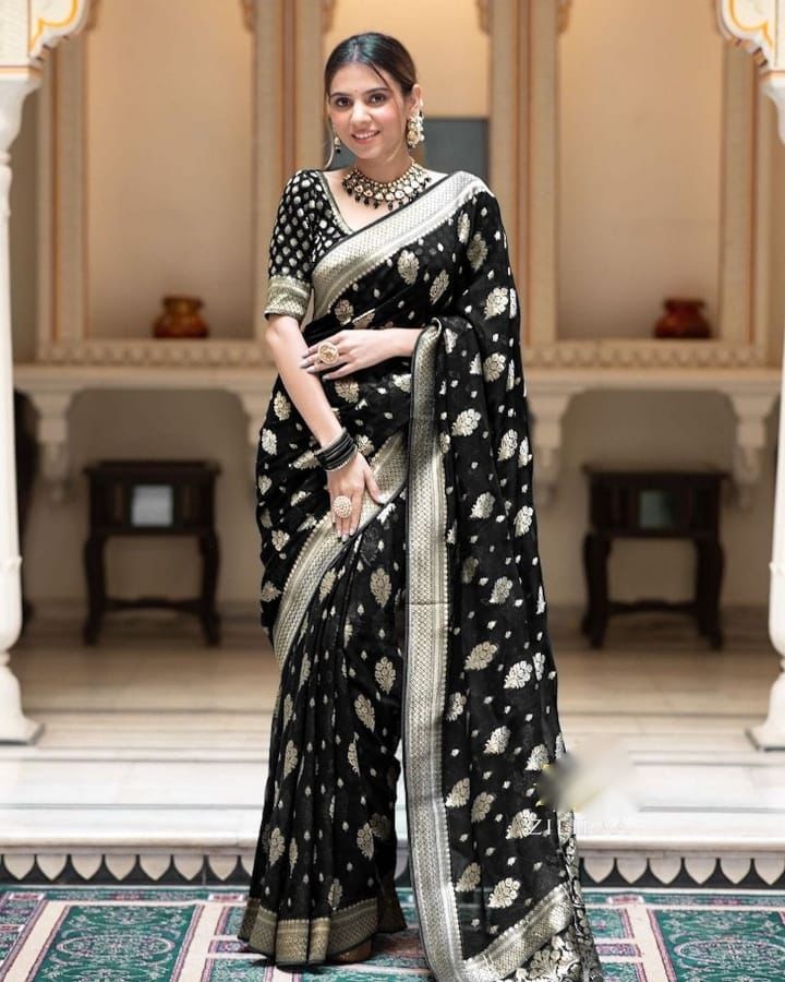 Black Soft Lichi Silk Jacquard Work Saree