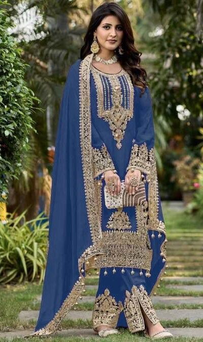Blue Faux Georgette Sequins Work Salwar Suit