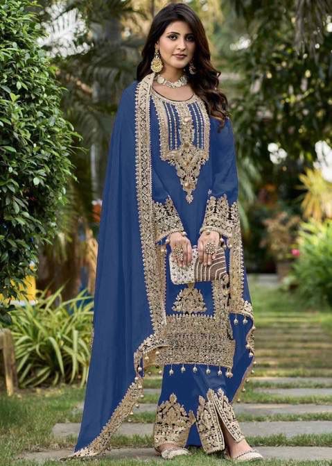 Blue Faux Georgette Sequins Work Salwar Suit