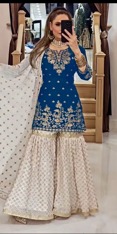 Blue Fox Georgette Embroidery Lace Work Salwar Suit