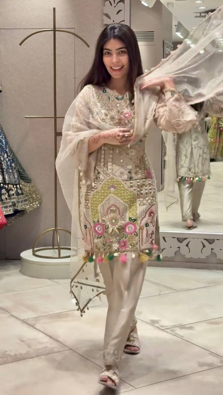 Cream Faux Georgette With Mirror Work Salwar Suit