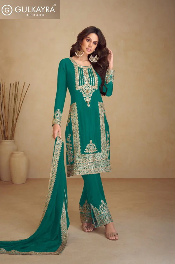 Green Chinon Multi Embroidery Work Salwar Suit