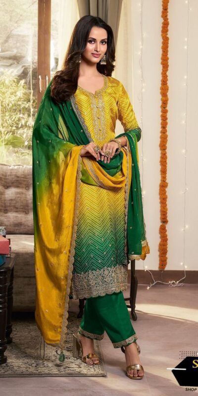 Green Chinoon Silk Embroidery Work Salwar Suit