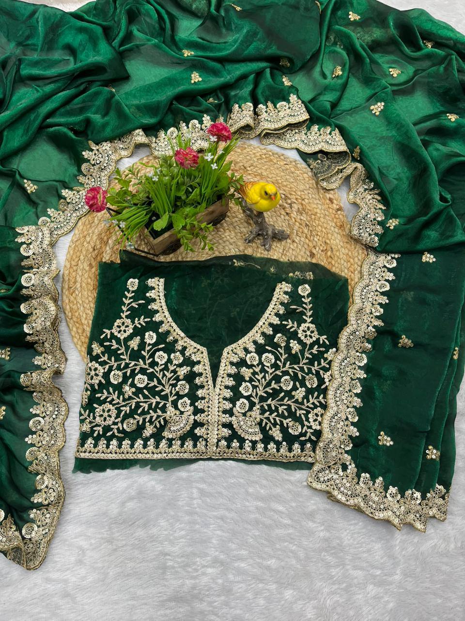 Green Fandy Satin Silk Zari Work Saree - Image 5