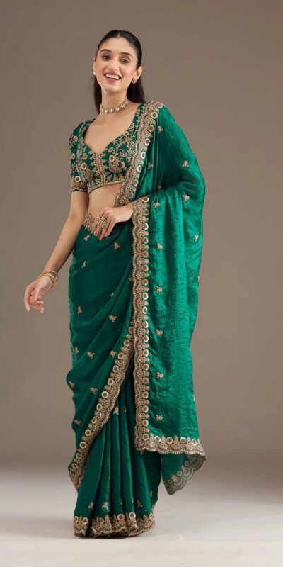 Green Fandy Satin Silk Zari Work Saree