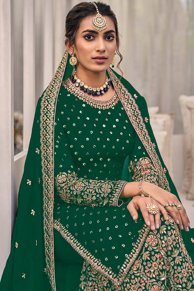 Green Georgette Embroidery Lace Work Salwar Suit - Image 2