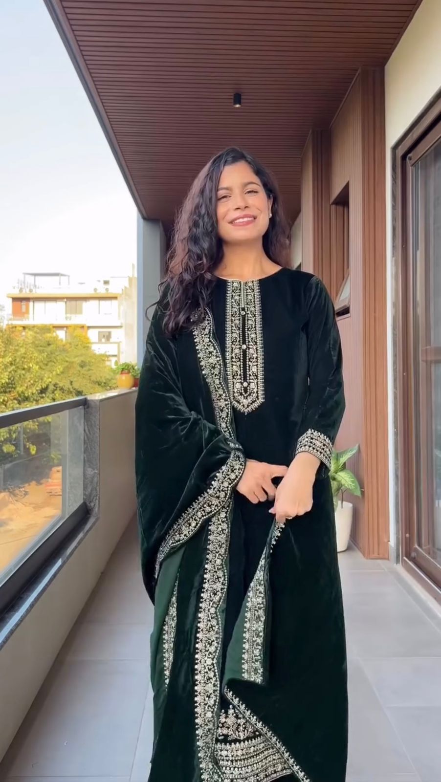 Green Velvet Embroidery Work Salwar Suit - Image 2