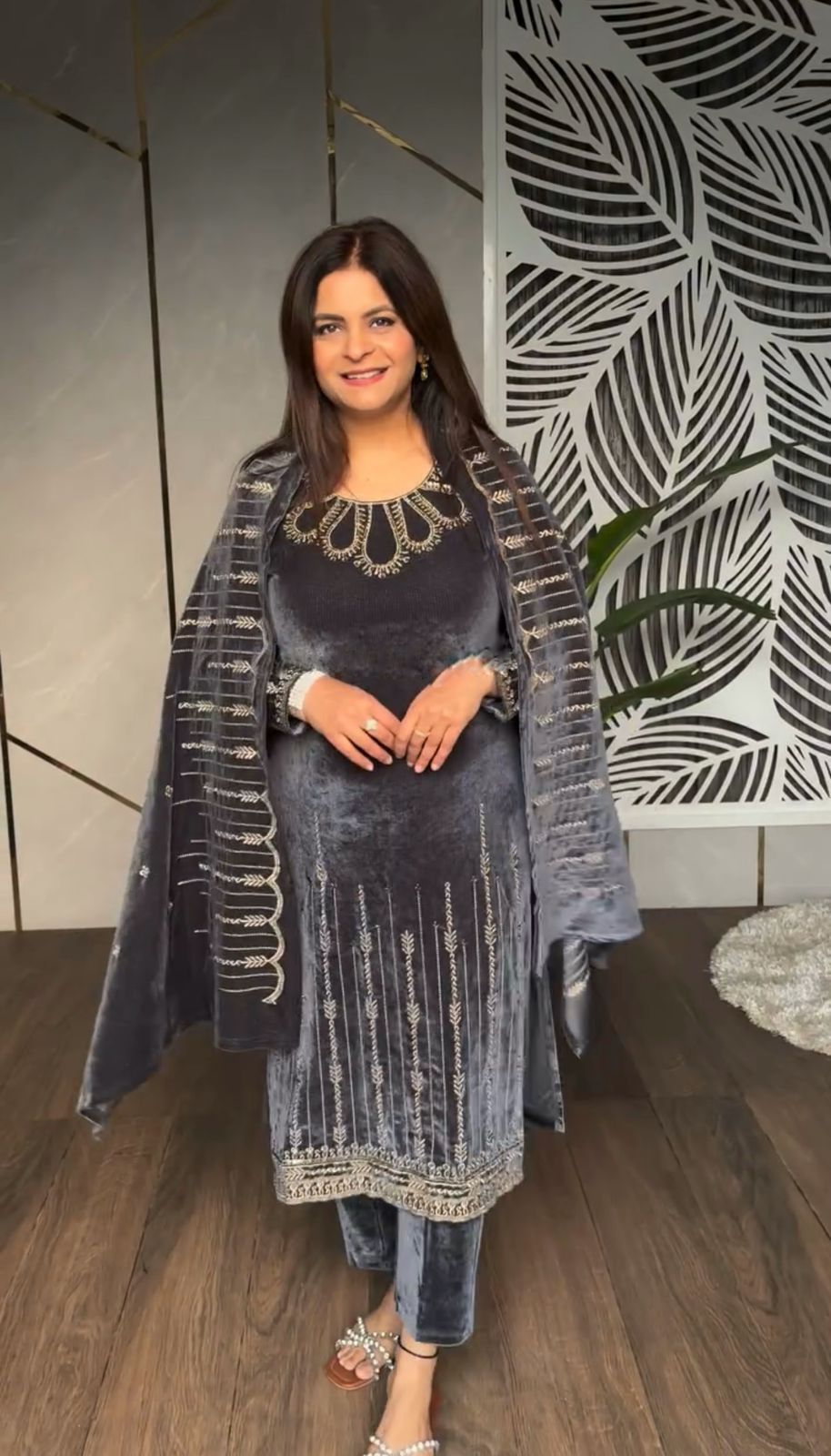 Grey Viscose Velvet With Embroidery Salwar Suit