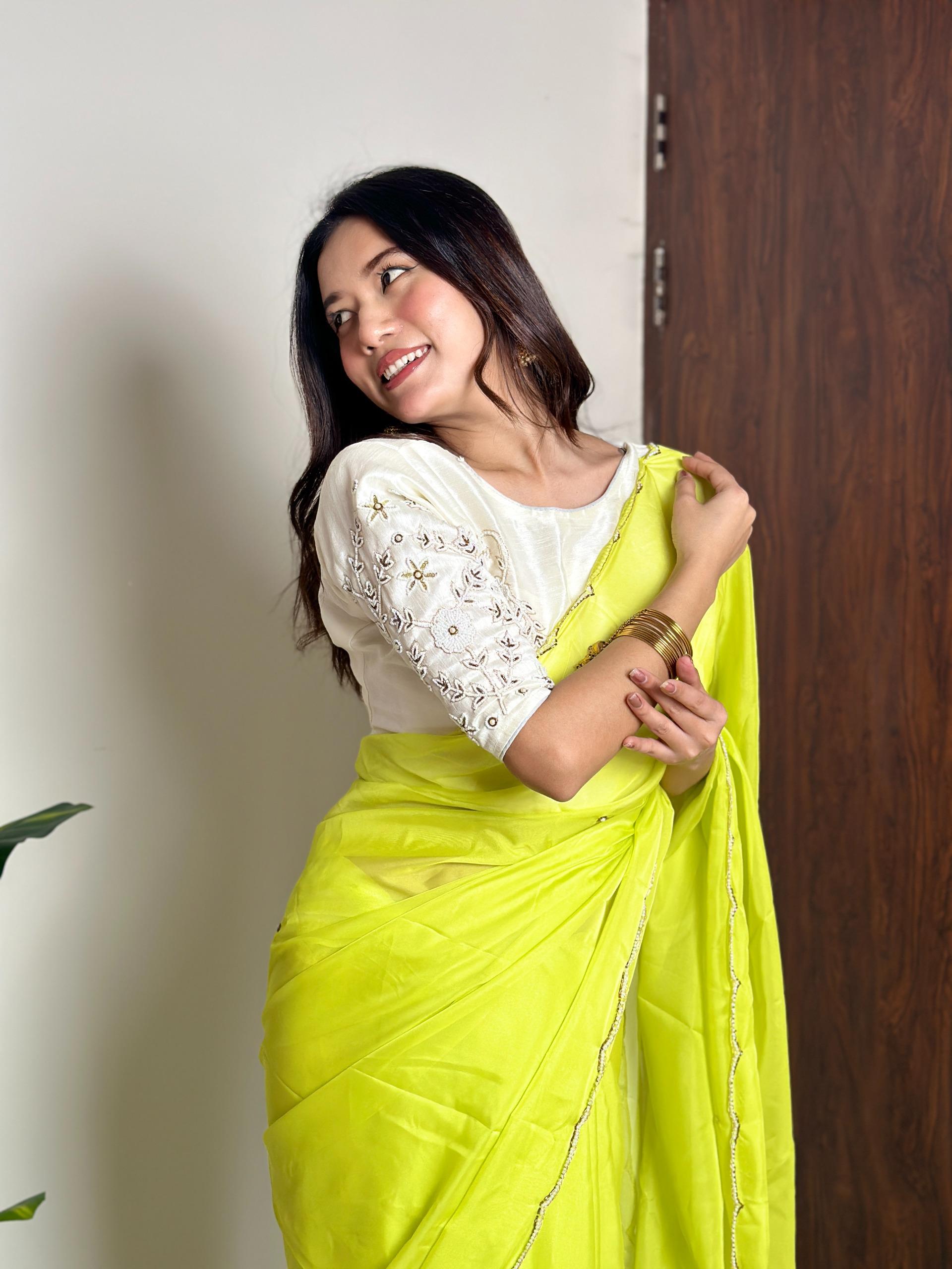 Lemon Yellow Soft Organza With Handwork Saree - Image 2