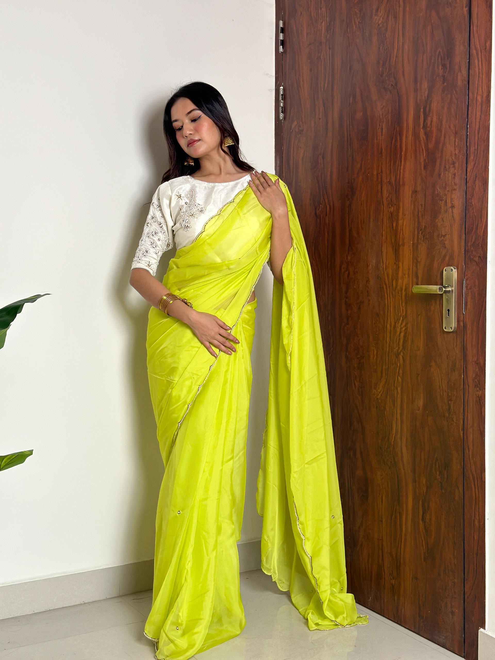 Lemon Yellow Soft Organza With Handwork Saree