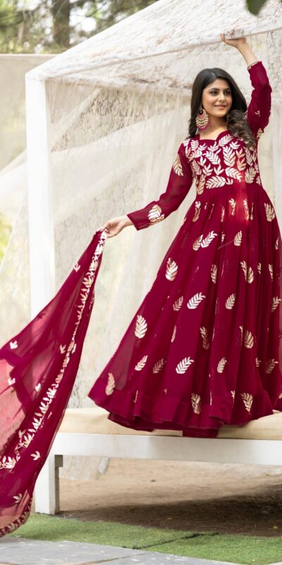 Ram 087 Maroon in Fox Georgette Embroidery Work & Thread Embroidery Gown . Special Price βΉ2149. Delivery 4-6 Working Days. Shop now. | Gowns, Bollywood Gowns, Creative Gowns, Designer Gowns, Embroidered Gowns, Party Wear Gowns