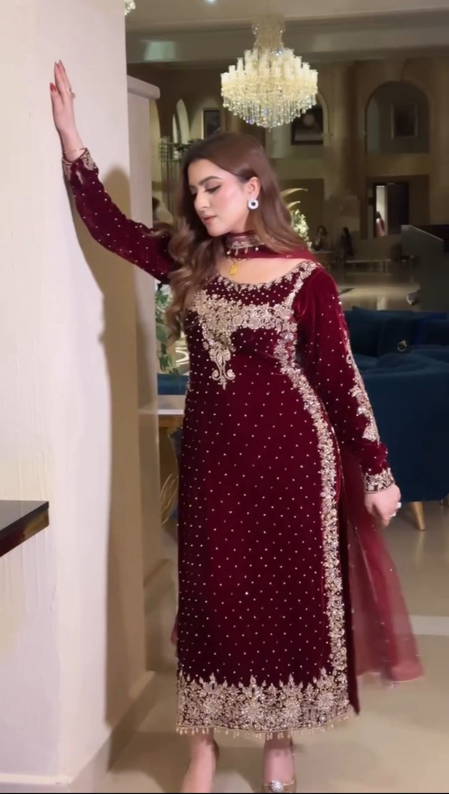 Maroon Viscose Velvet Lace Embroidery Work Salwar Suit