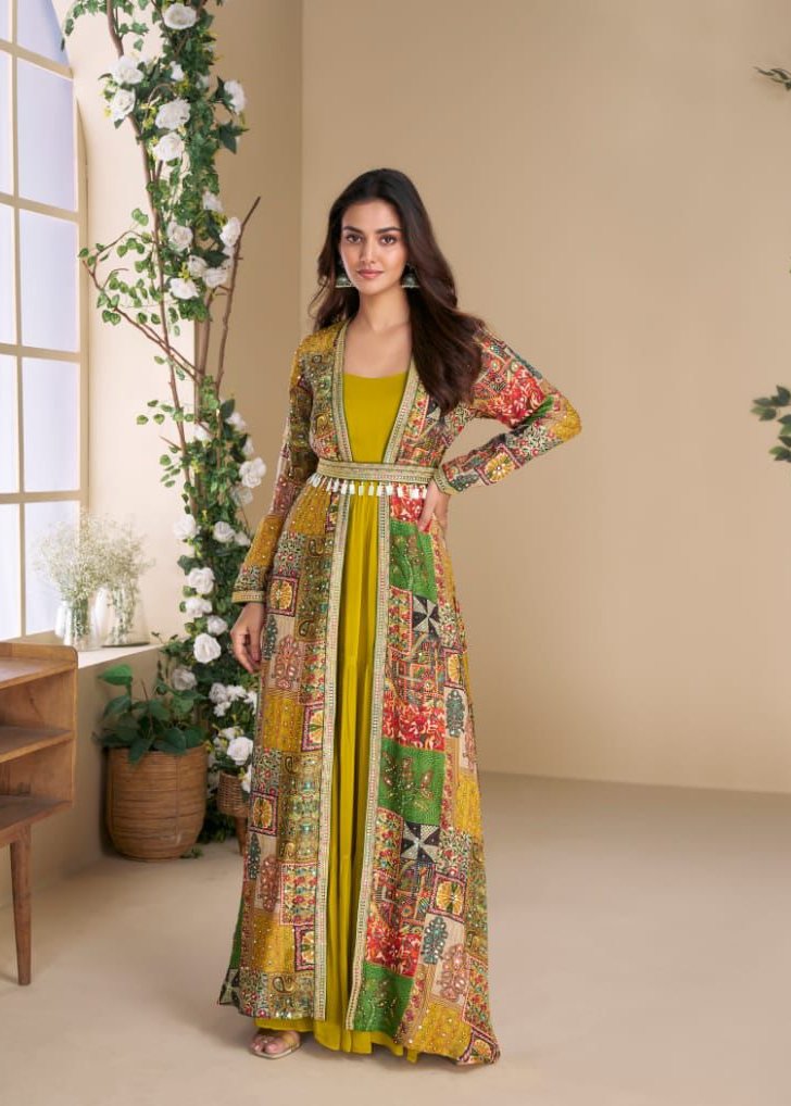 Mustard Blooming Georgette Mirror Work Embroider Kurti