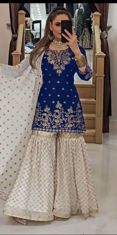 Navy Blue Fox Georgette Embroidery Lace Work Salwar Suit