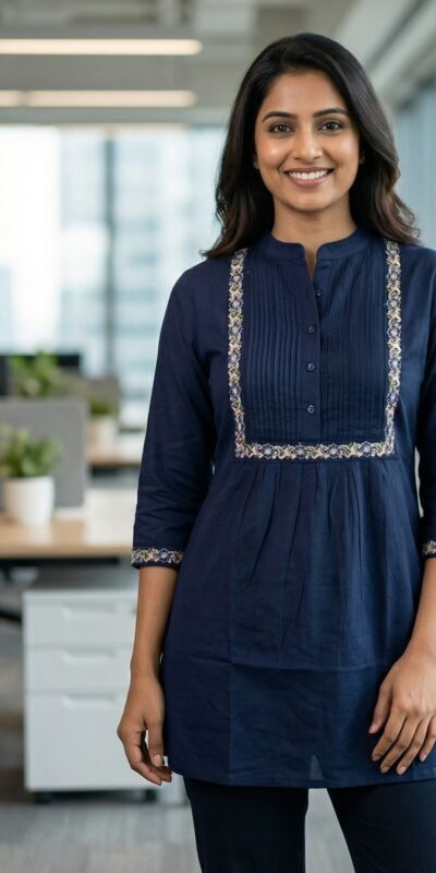 Navy Blue Rayon Multi Embroidery Work Kurti