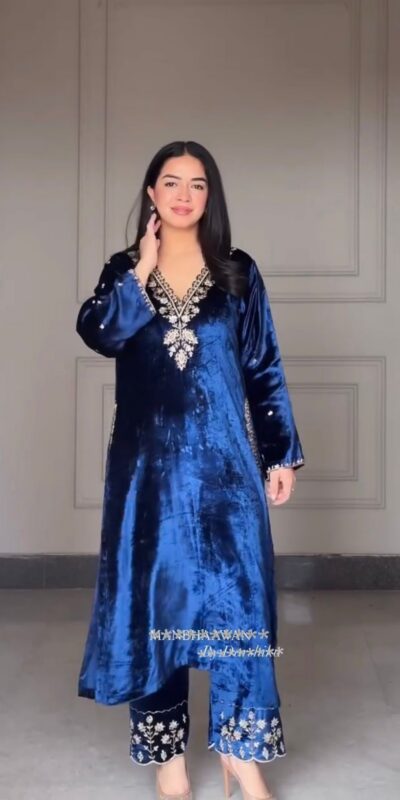 Navy Blue Velvet Embroidery Lace Work Salwar Suit