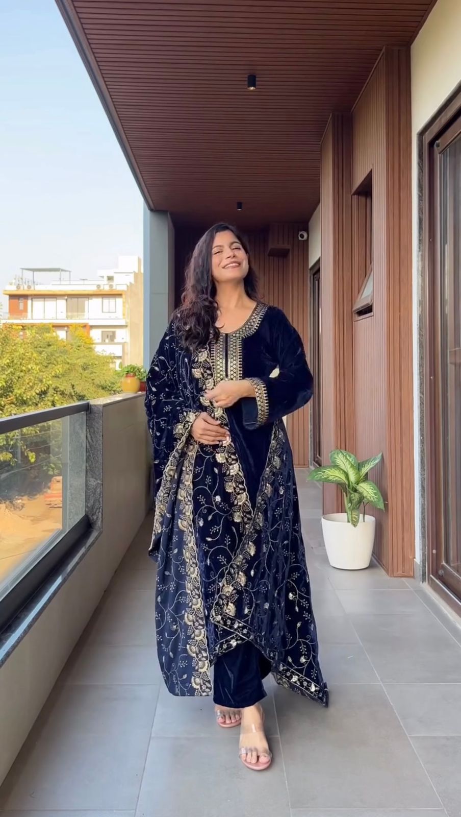 Navy Blue Velvet Embroidery Work Salwar Suit - Image 3