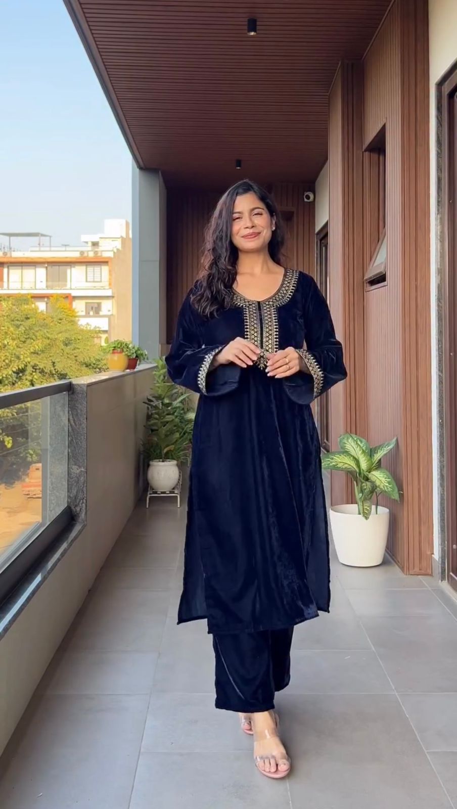 Navy Blue Velvet Embroidery Work Salwar Suit - Image 2