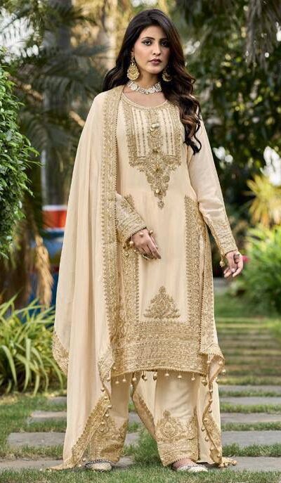 Off White Faux Georgette Sequins Work Salwar Suit