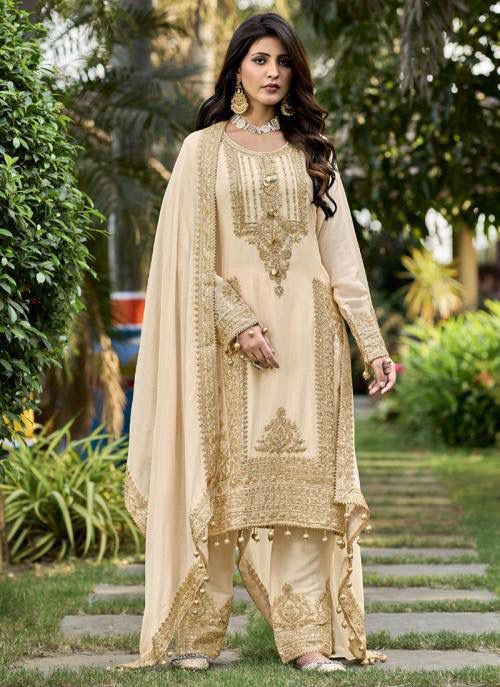 Off White Faux Georgette Sequins Work Salwar Suit