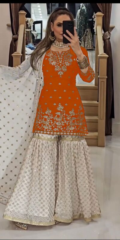 Orange Fox Georgette Embroidery Lace Work Salwar Suit