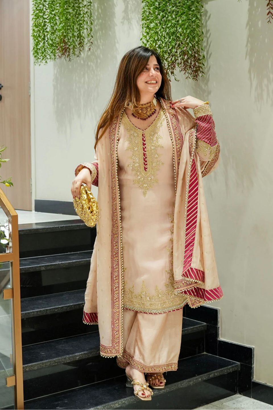 Peach Chinon Silk Embroidery Work Salwar Suit - Image 6