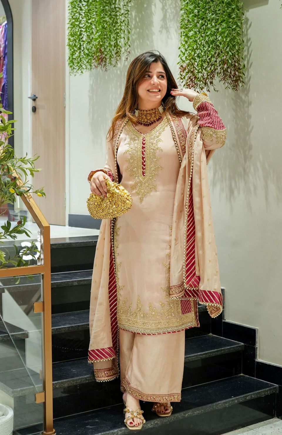 Peach Chinon Silk Embroidery Work Salwar Suit