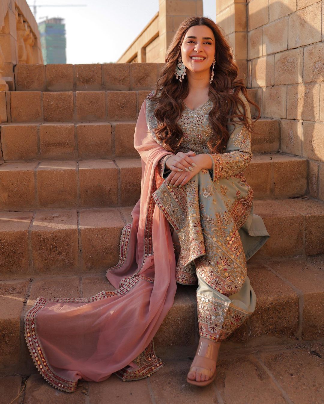 Peach Faux Georgette Lace Embroidery Work Salwar Suit - Image 2