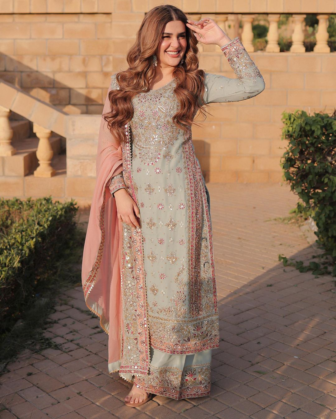 Peach Faux Georgette Lace Embroidery Work Salwar Suit