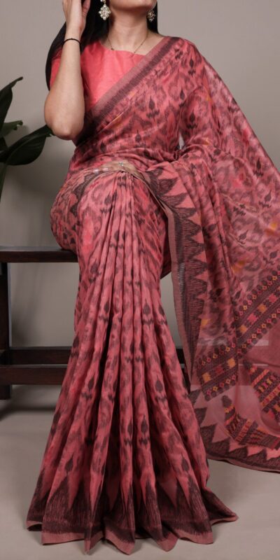Peach Poly Cotton Thread Weaving Work Saree