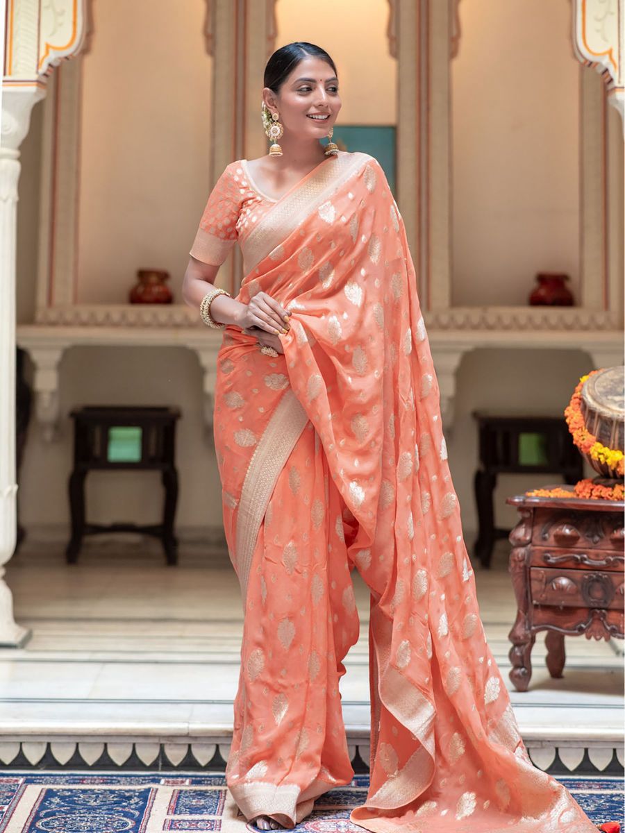 Peach Soft Lichi Silk Jacquard Work Saree