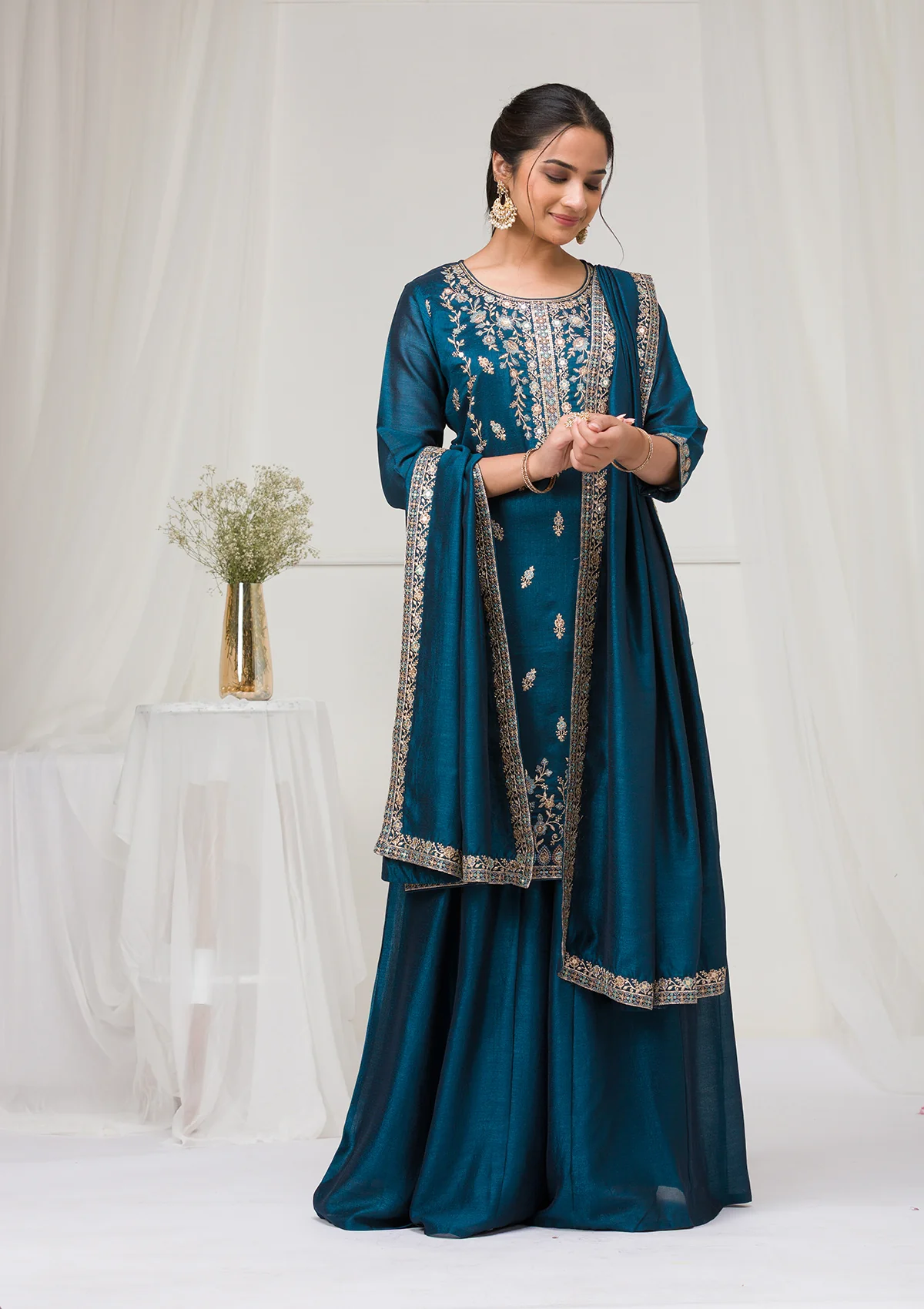 Peacock Blue Blooming Vichitra Embroidery Work Salwar Suit
