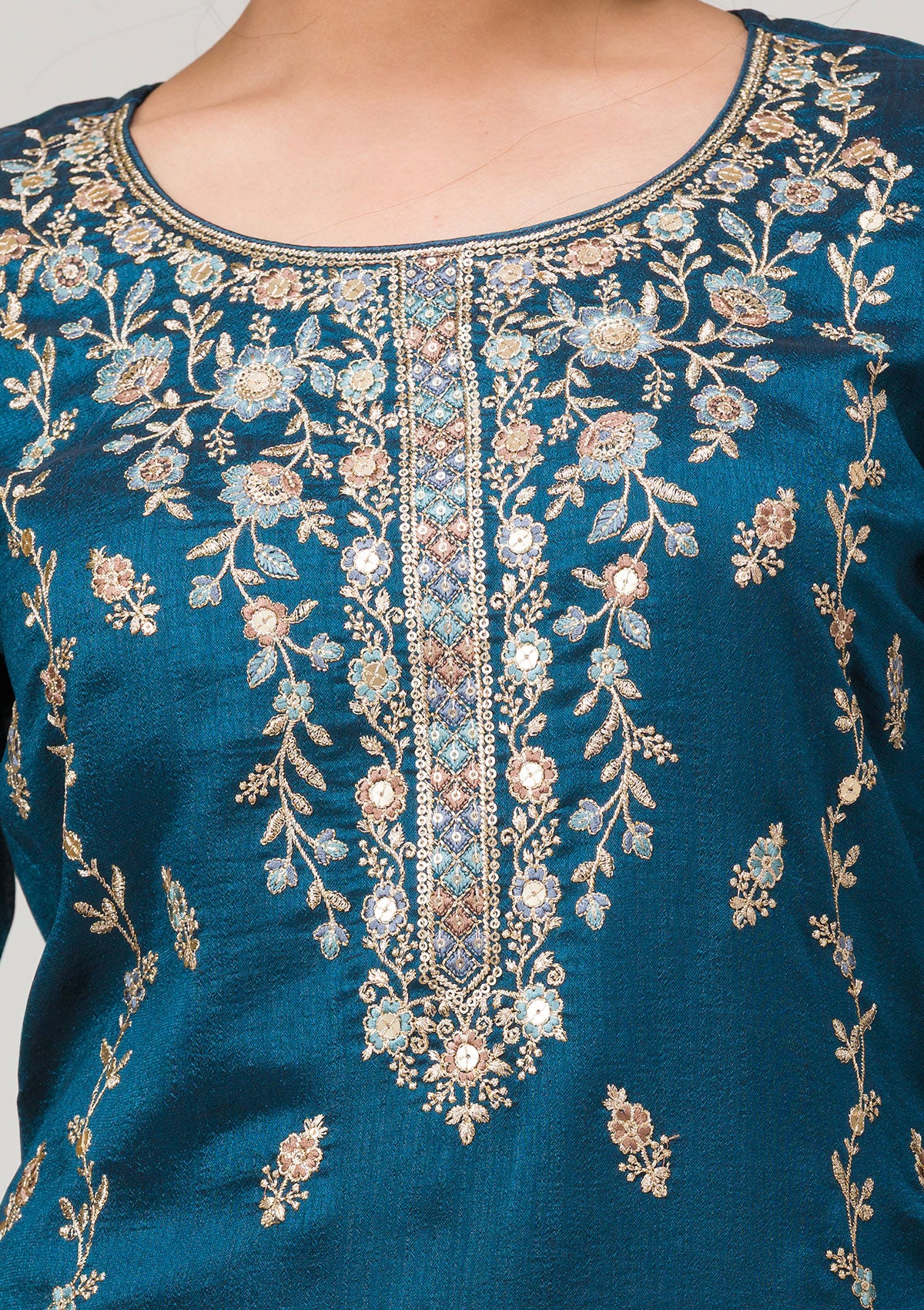 Peacock Blue Blooming Vichitra Embroidery Work Salwar Suit - Image 5