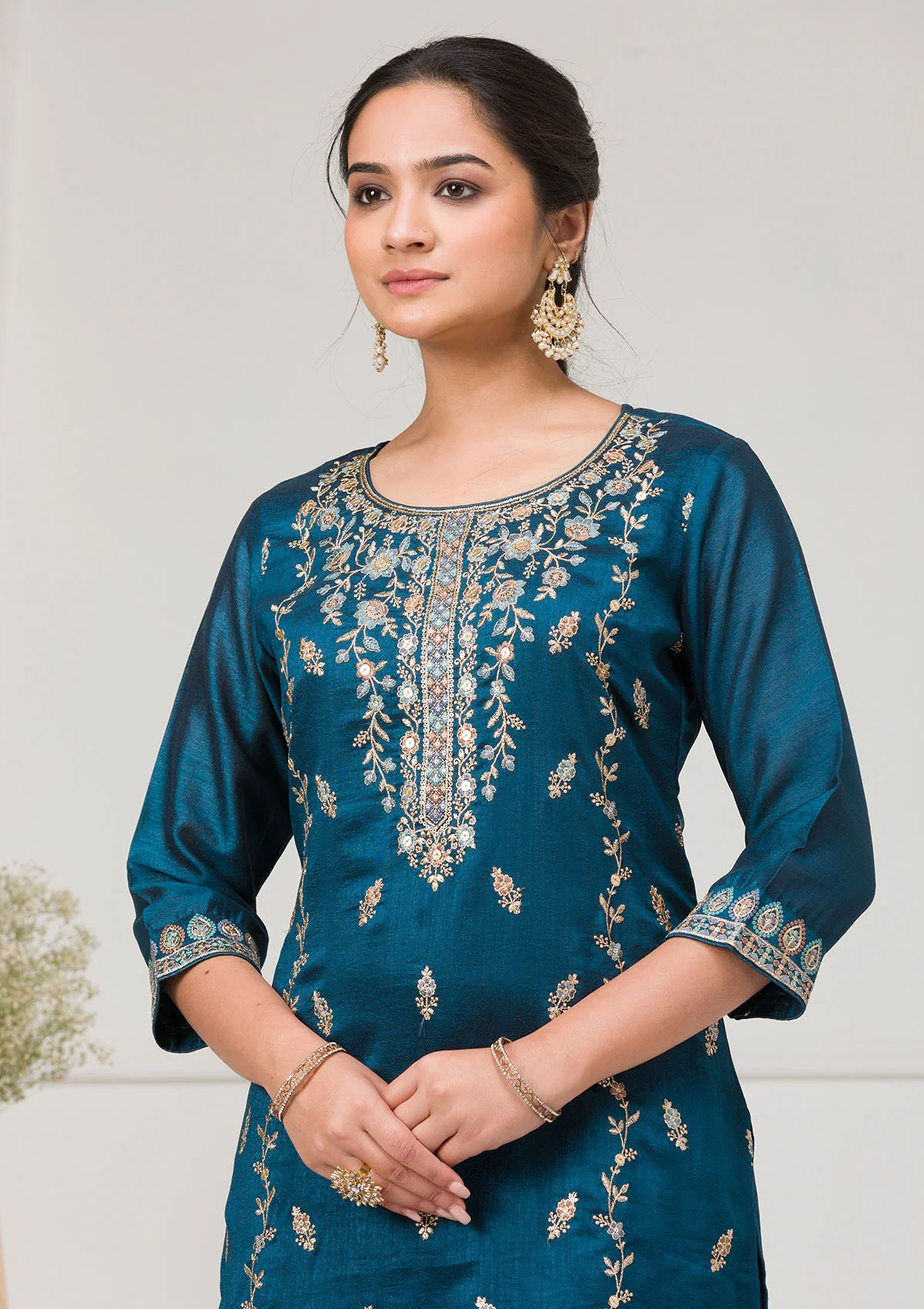 Peacock Blue Blooming Vichitra Embroidery Work Salwar Suit - Image 9