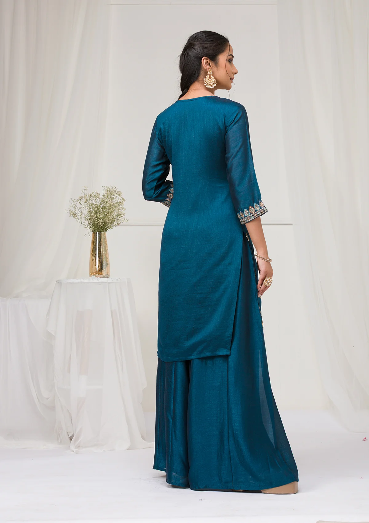 Peacock Blue Blooming Vichitra Embroidery Work Salwar Suit - Image 8