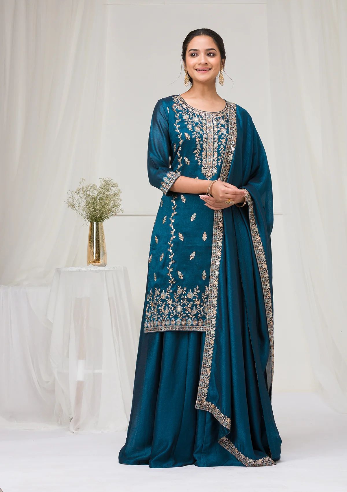Peacock Blue Blooming Vichitra Embroidery Work Salwar Suit - Image 4