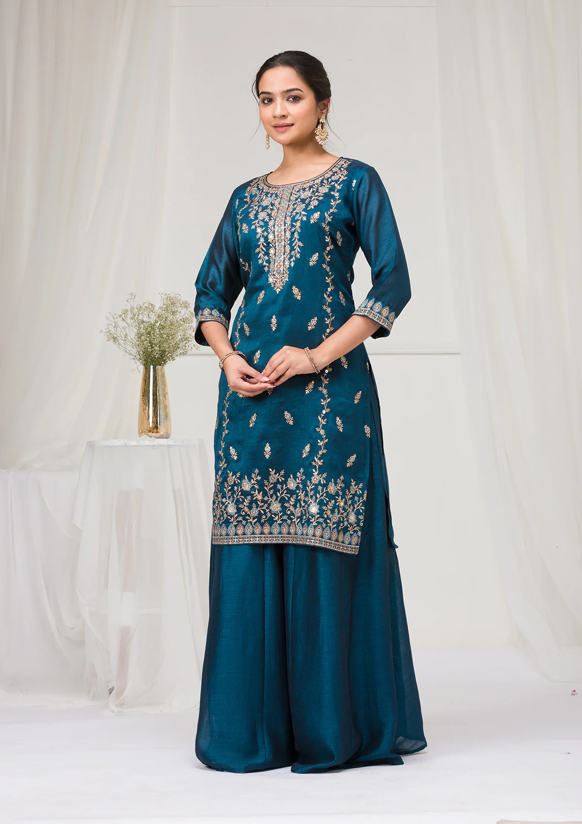 Peacock Blue Blooming Vichitra Embroidery Work Salwar Suit - Image 3