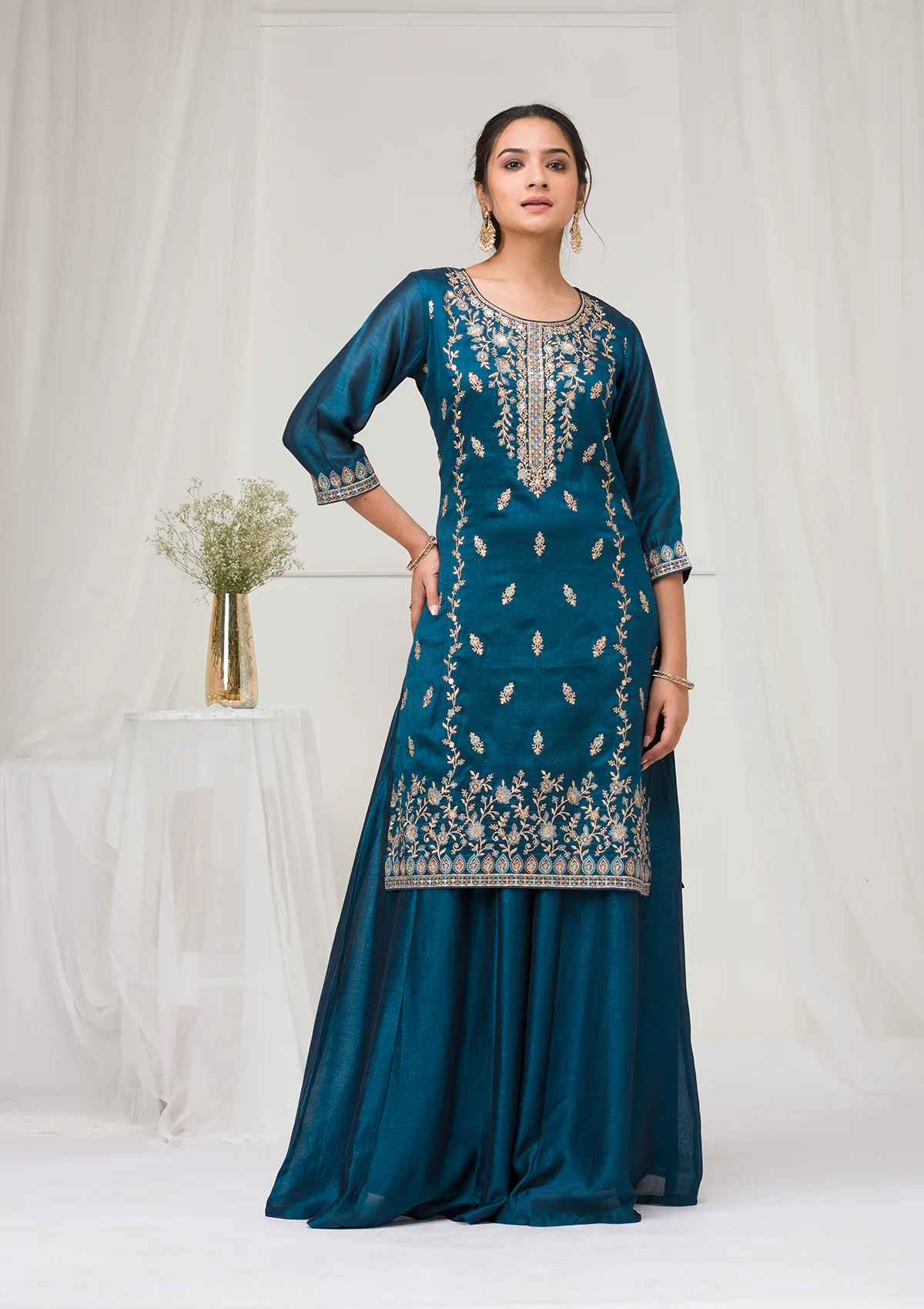 Peacock Blue Blooming Vichitra Embroidery Work Salwar Suit - Image 2