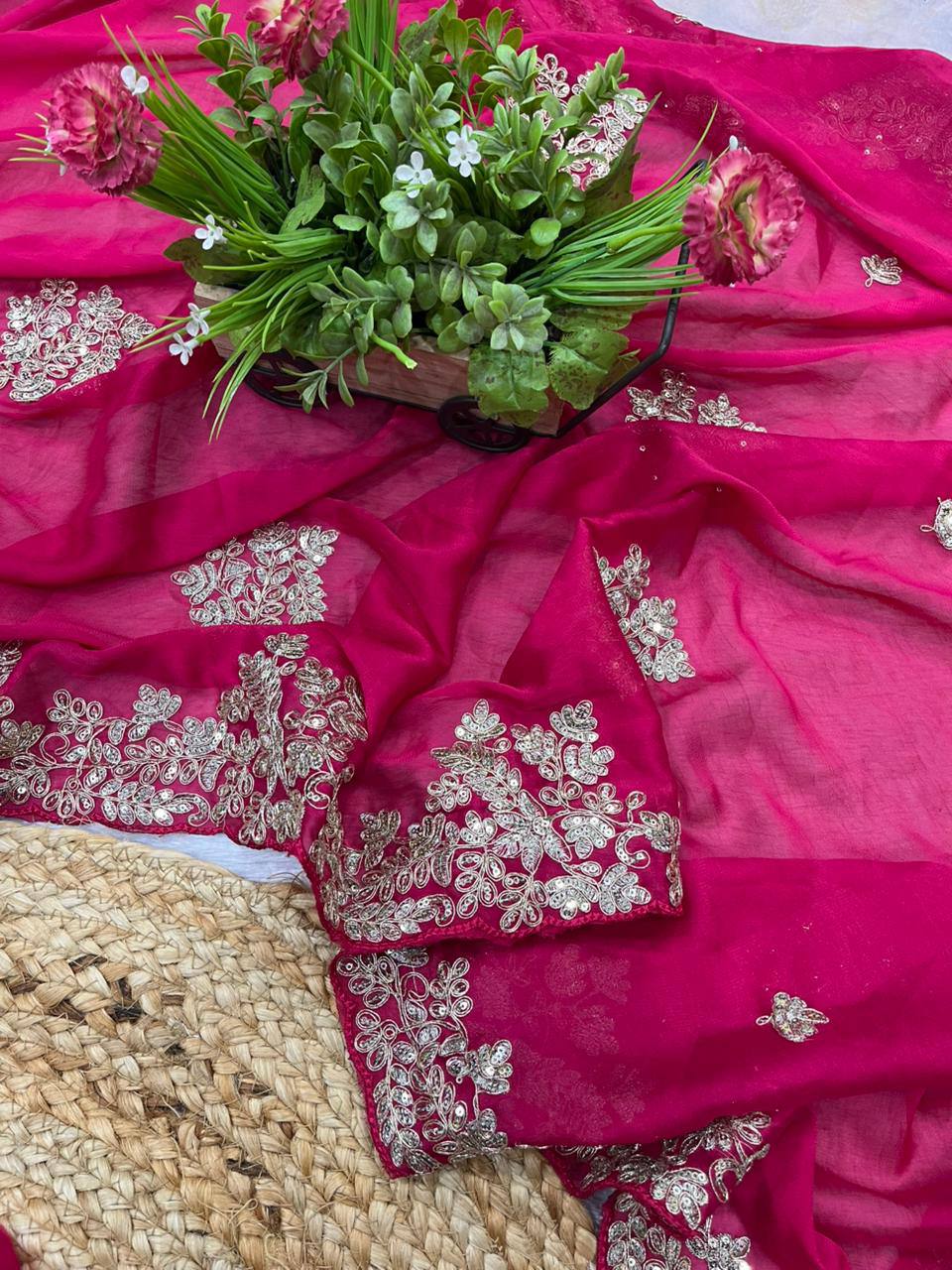 Pink Rangoli Silk Sequins Embroidery Work Saree - Image 4