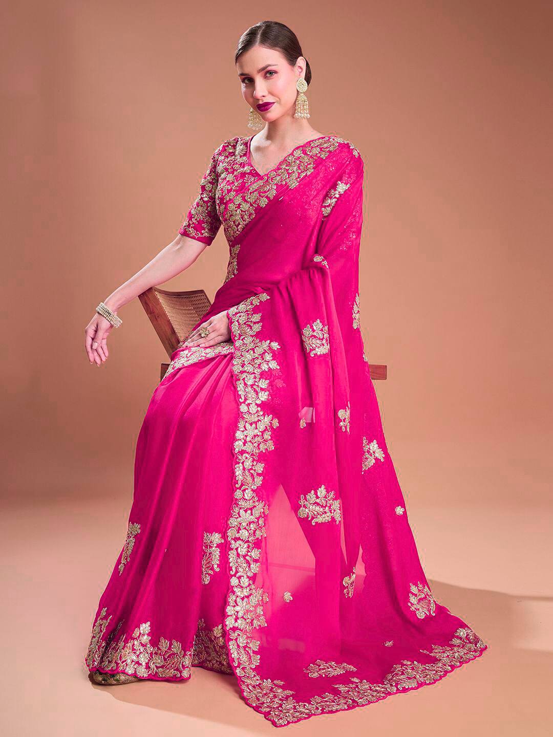 Pink Rangoli Silk Sequins Embroidery Work Saree - Image 3