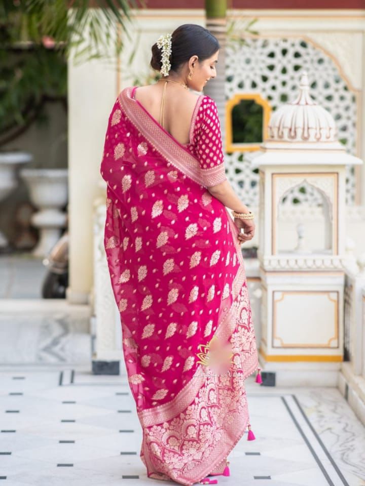 Pink Soft Lichi Silk Jacquard Work Saree - Image 2