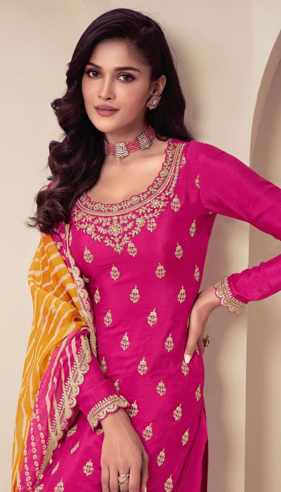Pink Viscose Chinon With Zari Work Salwar Suit - Image 2