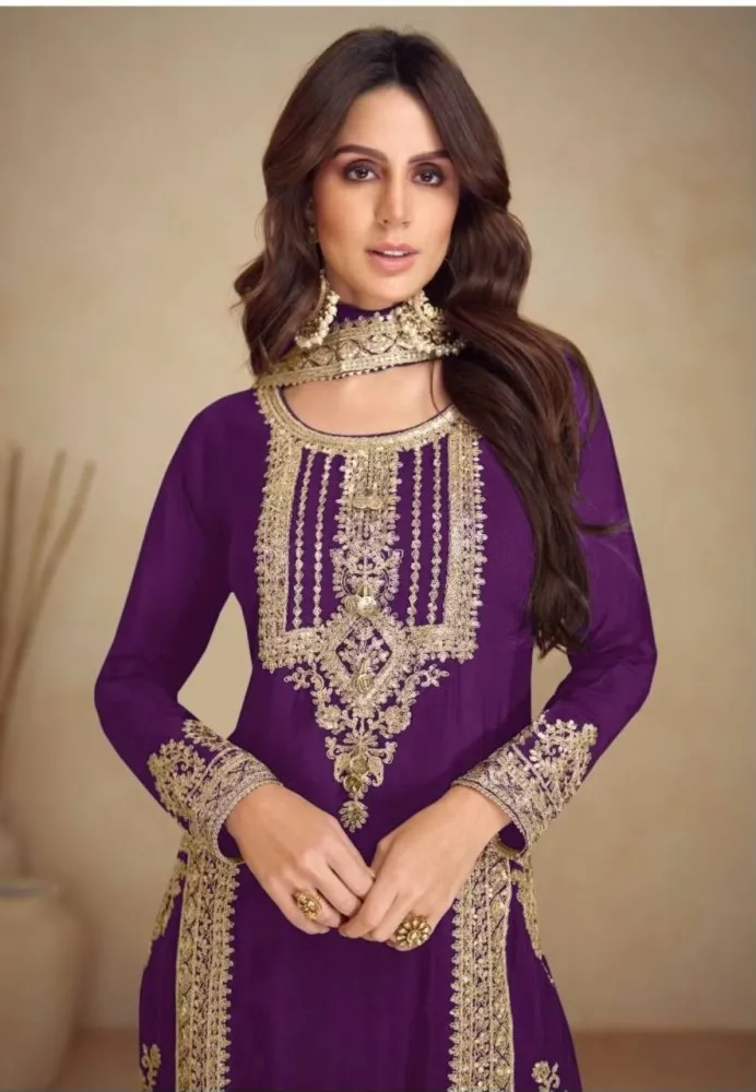 Purple Chinon Multi Embroidery Work Salwar Suit - Image 2