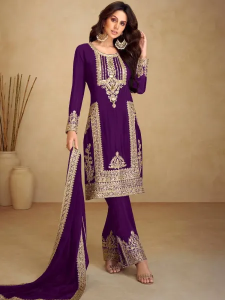 Purple Chinon Multi Embroidery Work Salwar Suit