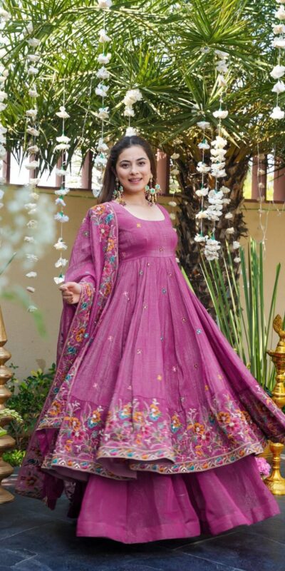 NSR 880 Purple Crunchy Silk Gown with Embroidery Work. Wedding, Party, Festive, Events Grab it for βΉ2249. Delivery 4-6 Working Days. Shop now. | Gowns, Bollywood Gowns, Creative Gowns, Designer Gowns, Embroidered Gowns, Party Wear Gowns