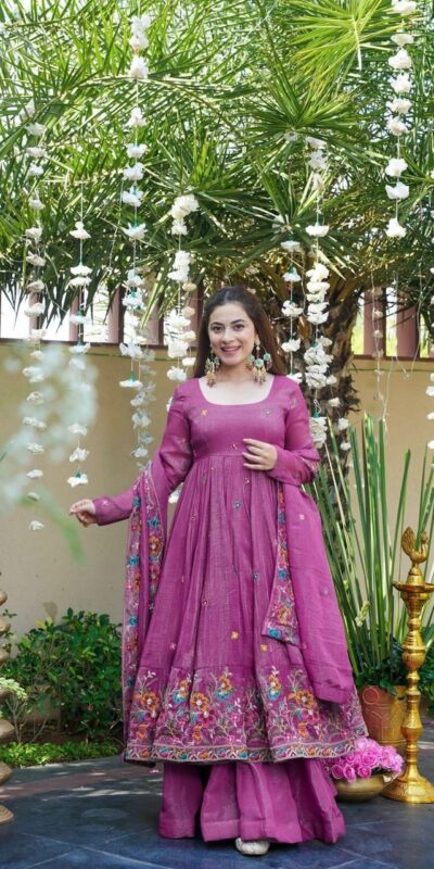 NSR 880 Purple Crunchy Silk Gown with Embroidery Work. Wedding, Party, Festive, Events Grab it for ₹2249. Delivery 4-6 Working Days. Shop now. | Gowns, Bollywood Gowns, Creative Gowns, Designer Gowns, Embroidered Gowns, Party Wear Gowns