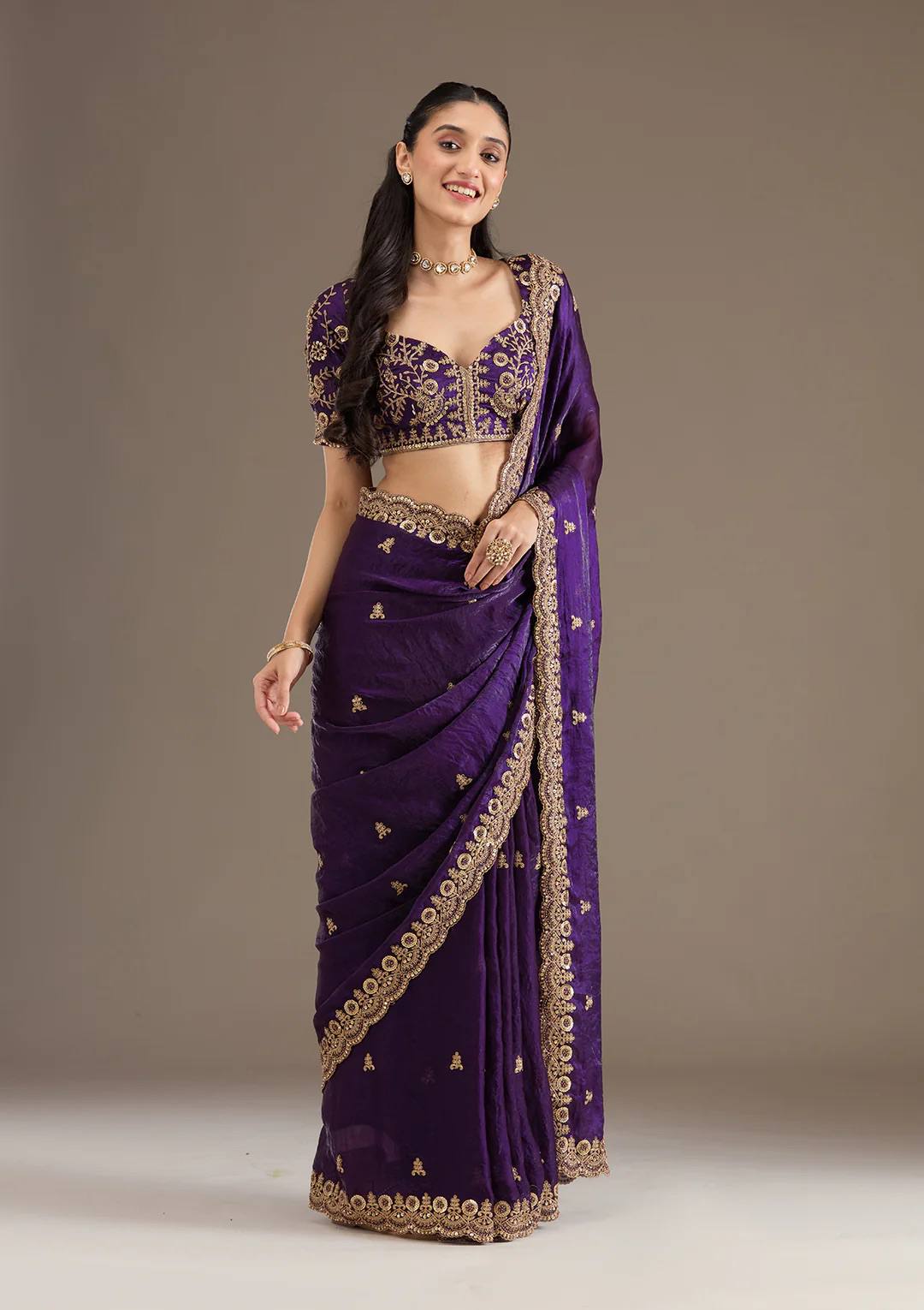 Purple Fandy Satin Silk Zari Work Saree - Image 2