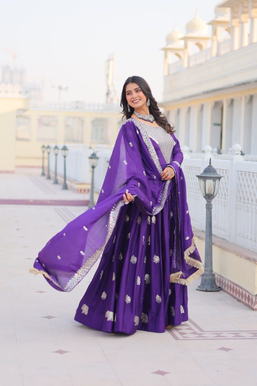 Purple Fox Georgette Embroidery Work Gown - Image 3